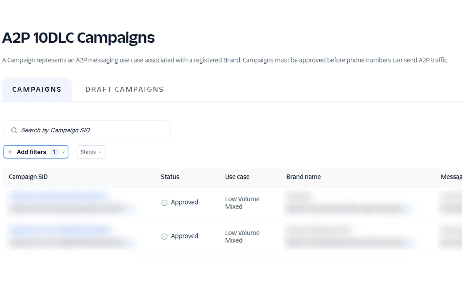 Twilio console with two A2P 10DLC campaigns marked Approved, client details blurred