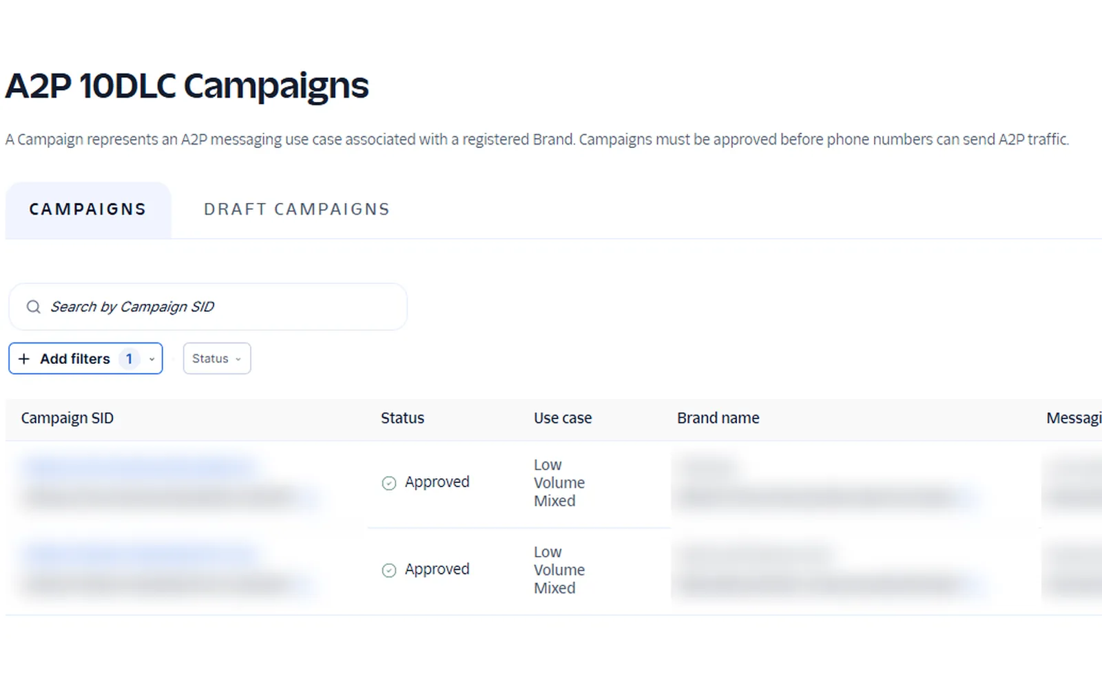 Twilio console showing two A2P 10DLC campaigns with Approved status, client details blurred