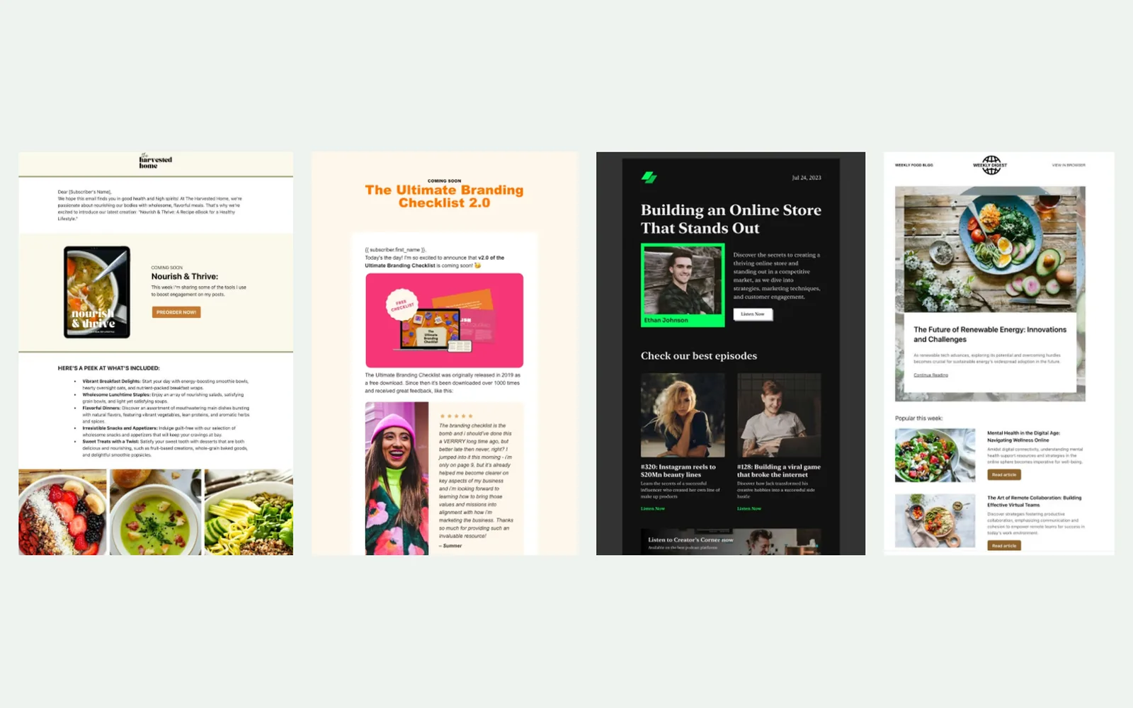 Four email newsletters and launch emails side by side