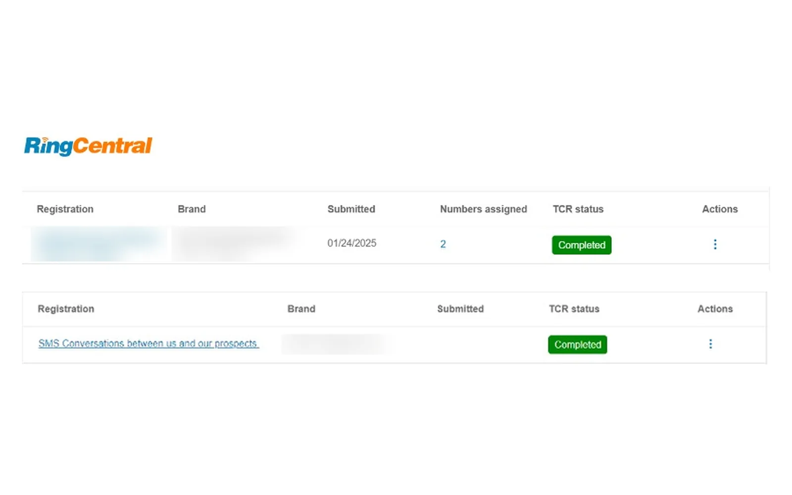 Two RingCentral TCR registrations with Completed status, client names blurred